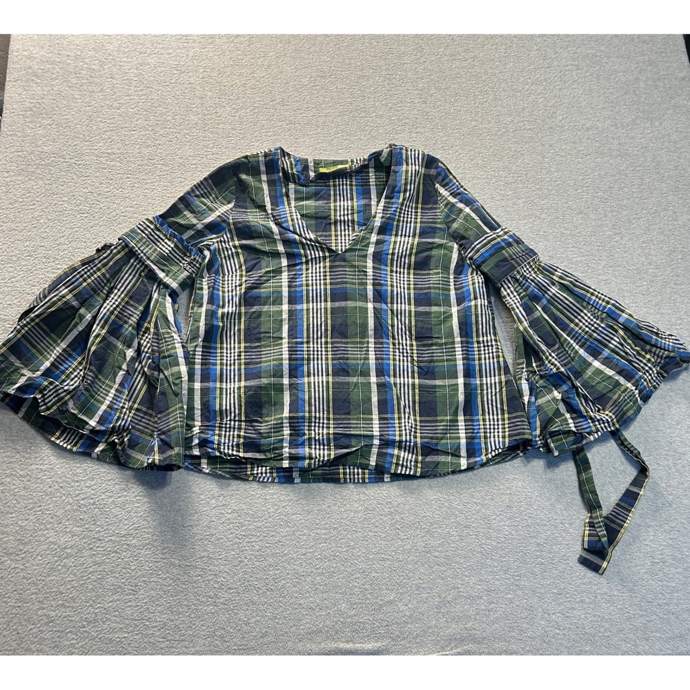 Gianni Bini Bell Sleeve Crop Top Womens XS Plaid Boho V Neck Tie Blue Green